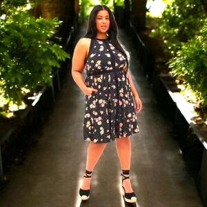 TORRID Plus Size Mini Studio Knit High Neck Floral Poka-Dot Skater Dress 3X